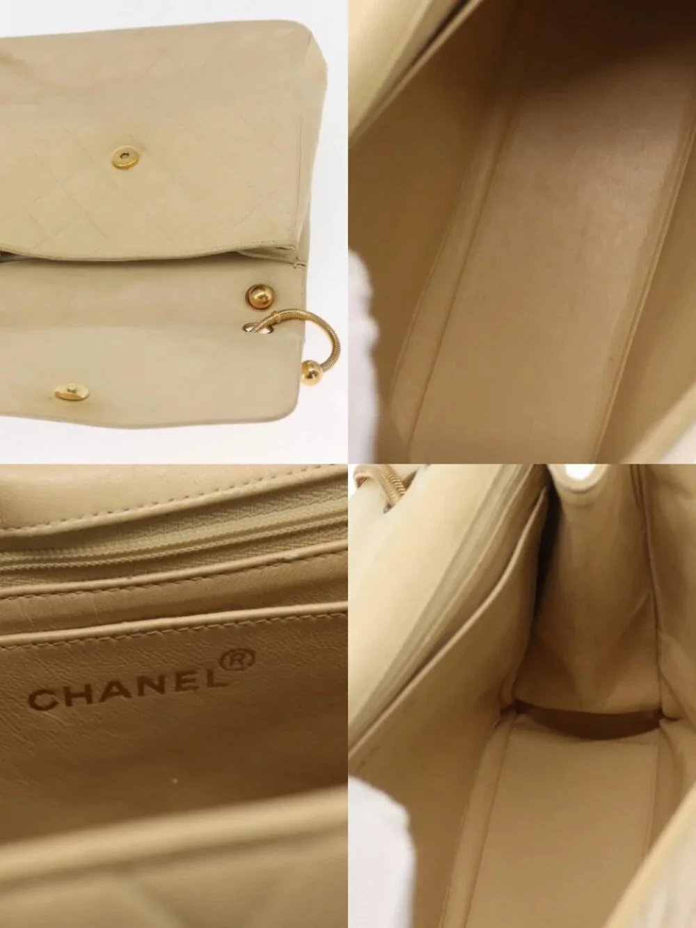 CHANEL Matelasse Chain Shoulder Bag Lamb Skin Ivory Gold CC Auth 164270